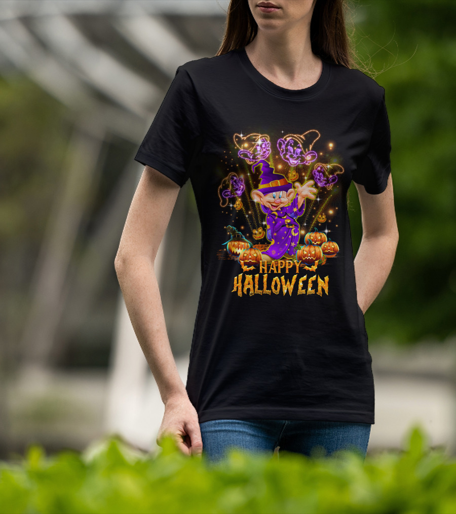 Happy Halloween Dopey In Wizard Hat With Fireworks And Pumpkins T-Shirt