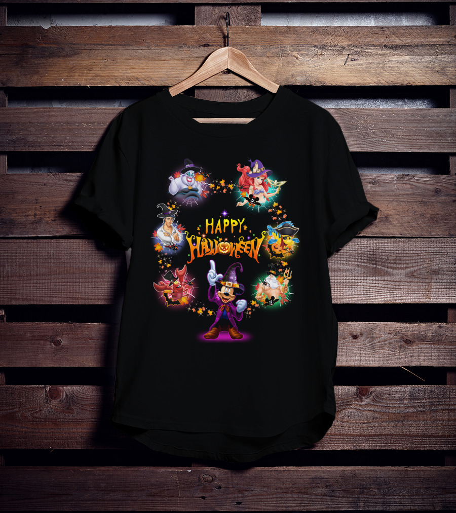 Happy Halloween Mickey Ariel Ursula Sebastian Pirate Captain Hook Disney Characters T-Shirt