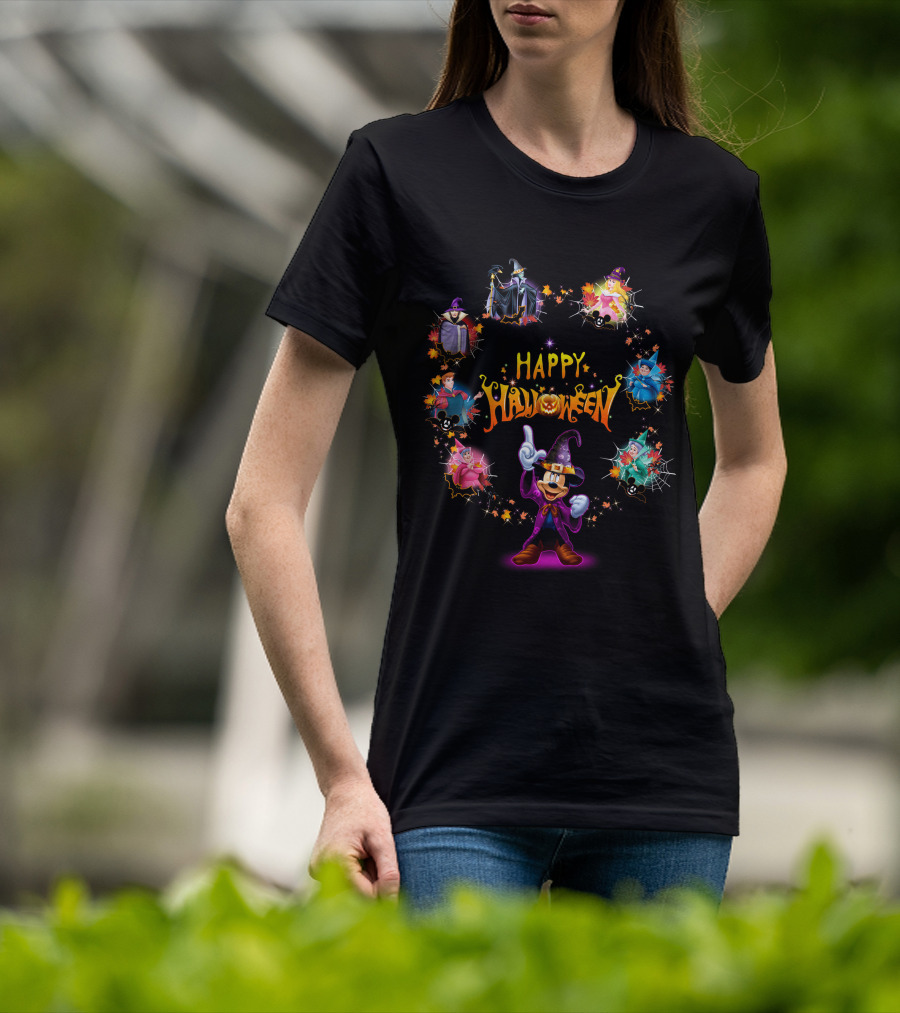 Happy Halloween Maleficent And Mickey Mouse In Wizard Outfit Magic Scene T-Shirt