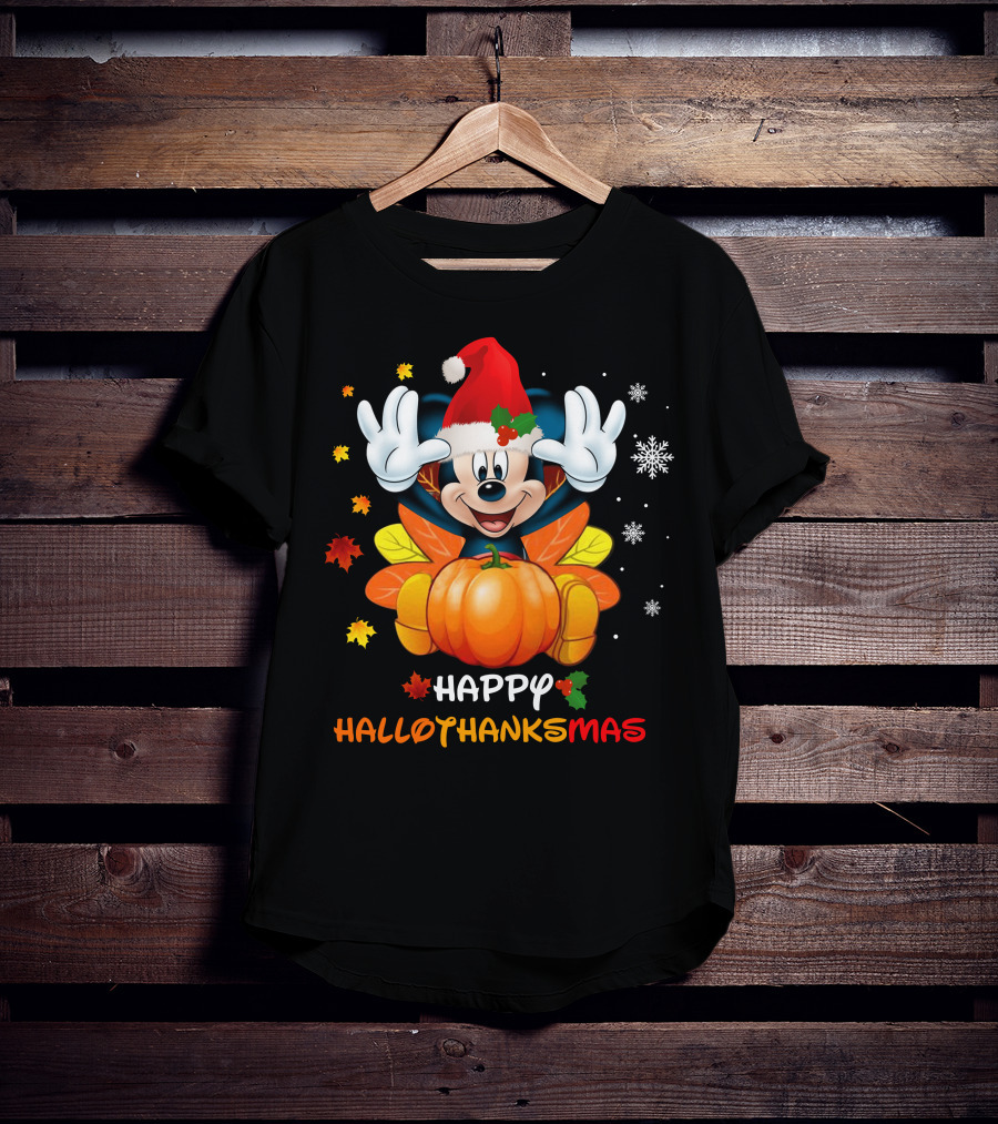 Happy Mickey Hallothankmas Pumpkin Snowflakes Leaves Santa Hat T-Shirt