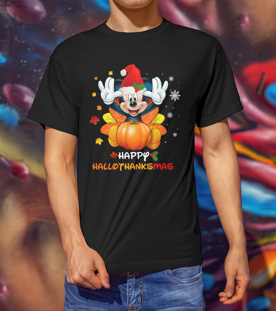 Happy Mickey Hallothankmas Pumpkin Snowflakes Leaves Santa Hat T-Shirt