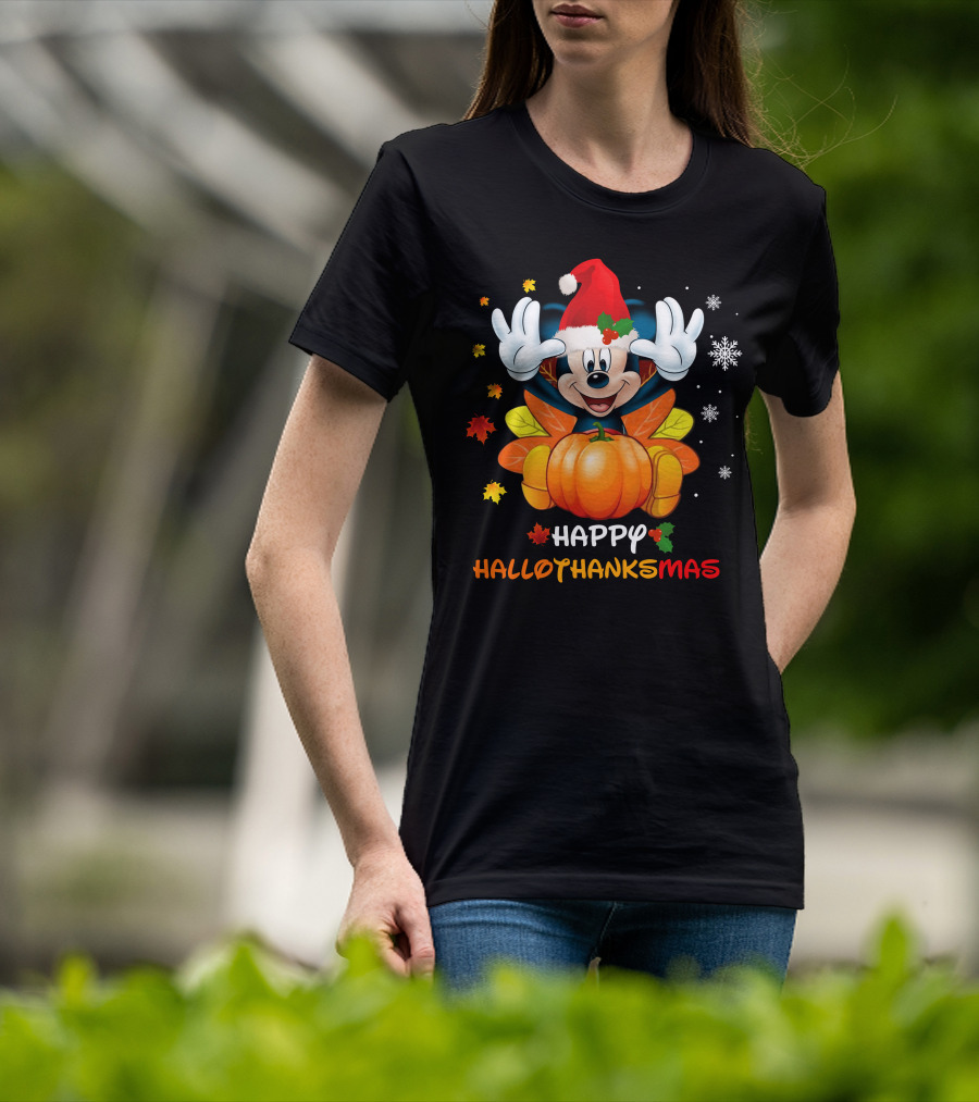 Happy Mickey Hallothankmas Pumpkin Snowflakes Leaves Santa Hat T-Shirt
