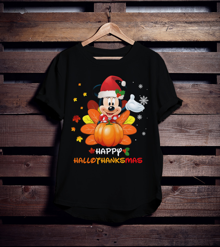 Happy Hallothankmas Minnie With Pumpkin And Santa Hat T-Shirt