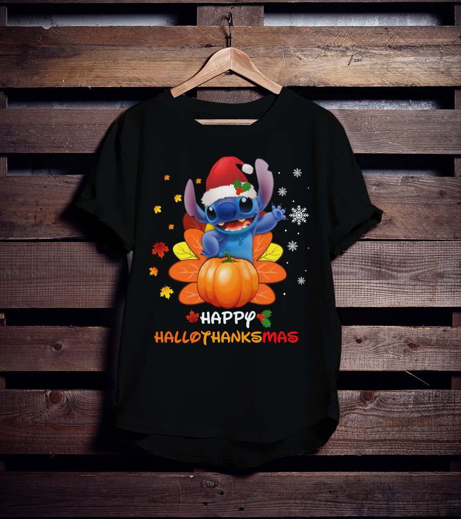 Happy Hallothankmas Stitch With Santa Hat Pumpkin Leaves Snowflakes T-Shirt