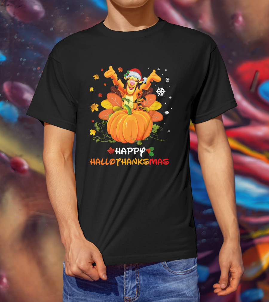 Happy Hallothankmas Tigger Santa Pumpkin Snowflakes Leaves T-Shirt