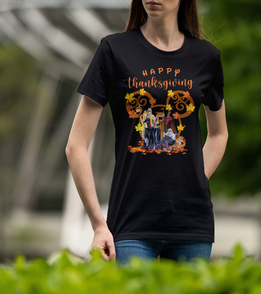 Happy Thanksgiving Disney Villains With Mickey Mouse Leaf Background T-Shirt