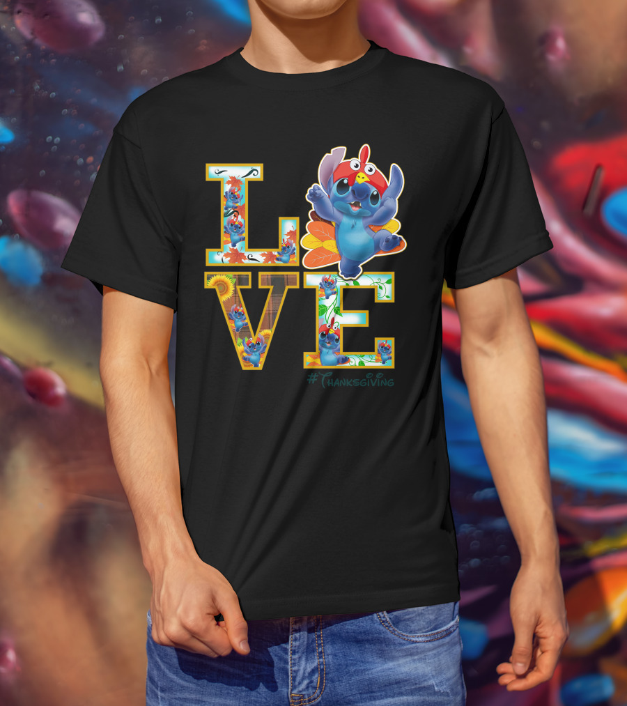 LOVE Stitch Happy Thanksgiving Turkey Costume Autumn Leaves T-Shirt