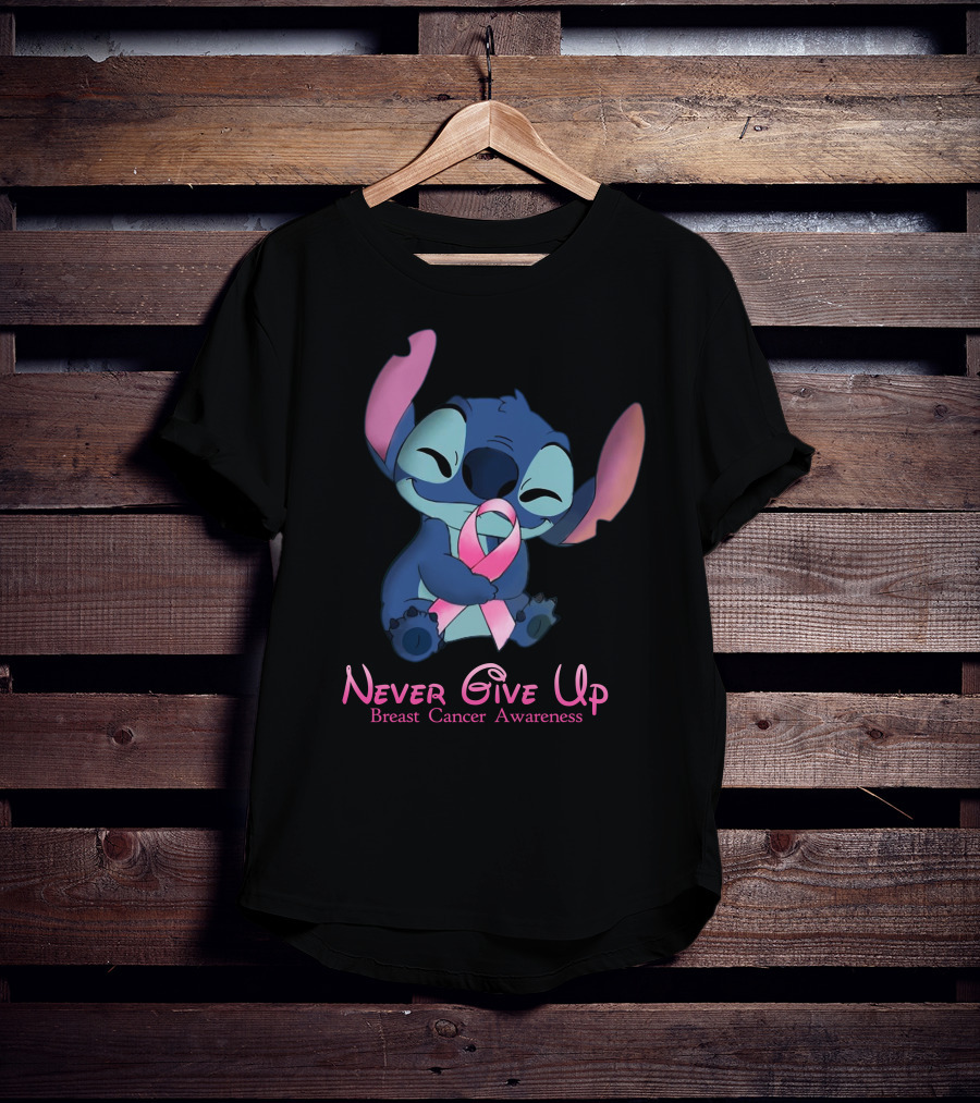 Never Give Up Breast Cancer Awareness Stitch Embrace T-Shirt