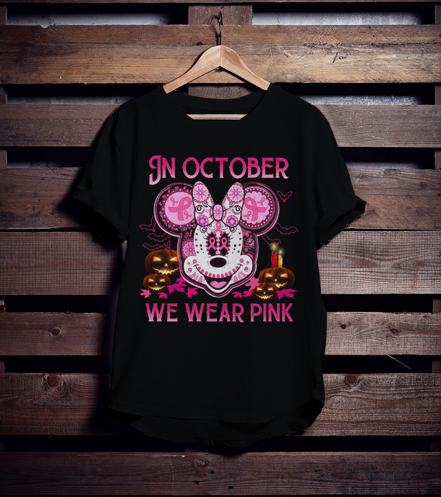 In October We Wear Pink Minnie Mouse Breast Cancer Awareness Halloween T-Shirt