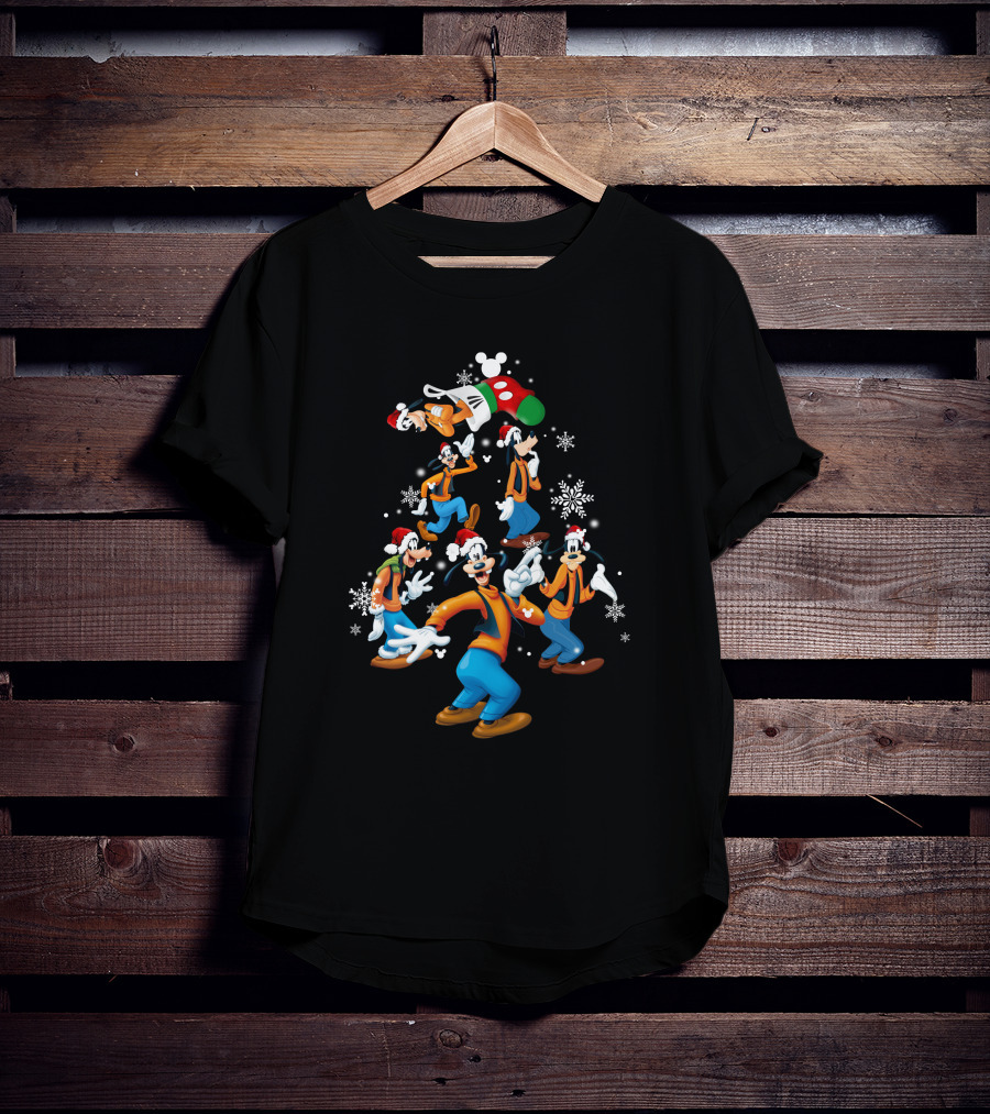 Disney Goofy Christmas Tree With Santa Hat And Snowflakes T-Shirt
