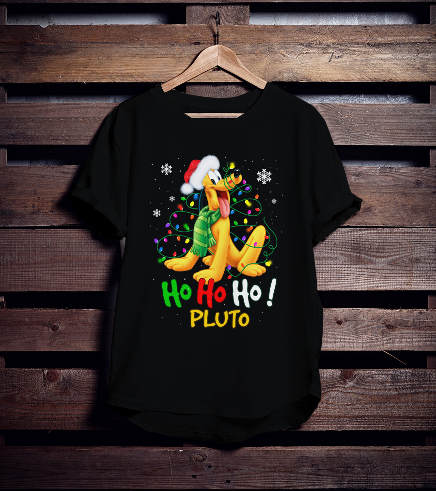 Ho Ho Ho Pluto Christmas Lights Santa Hat Snowflakes Scarf T-Shirt
