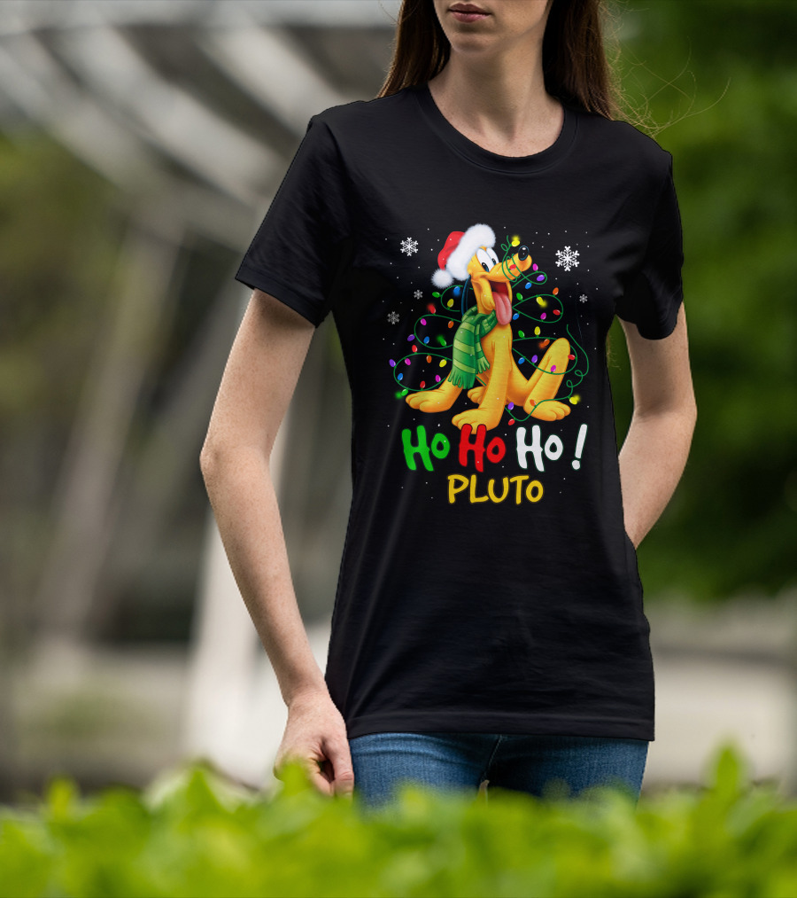 Ho Ho Ho Pluto Christmas Lights Santa Hat Snowflakes Scarf T-Shirt
