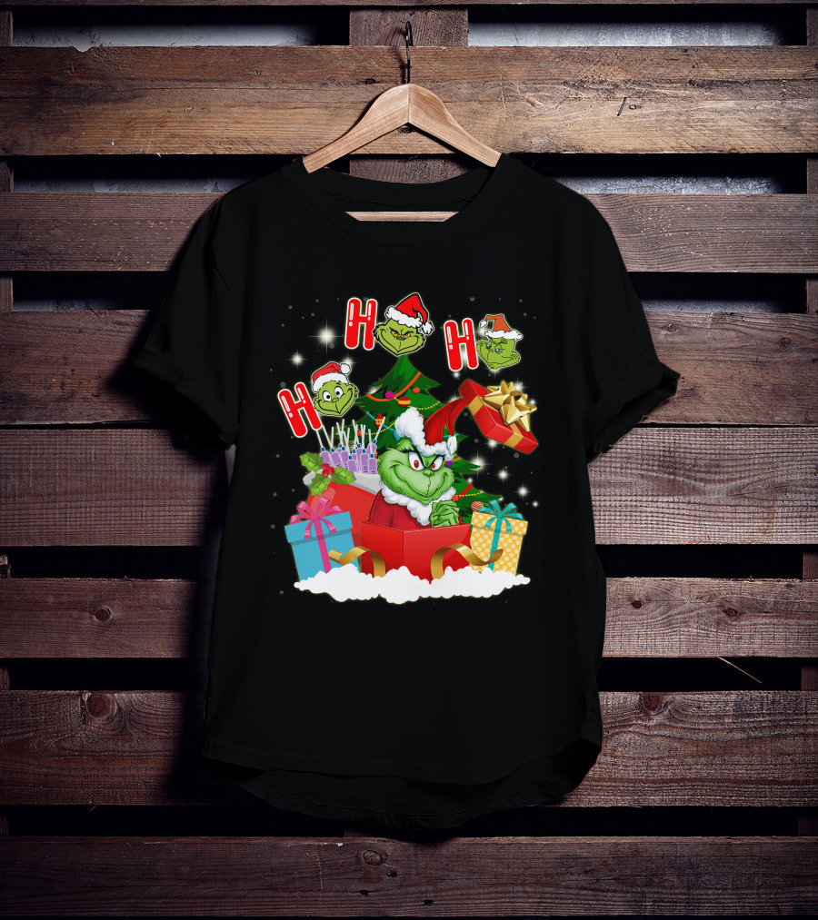 Grinch Christmas Ho Ho Ho Presents Tree Gifts Holiday Scene T-Shirt