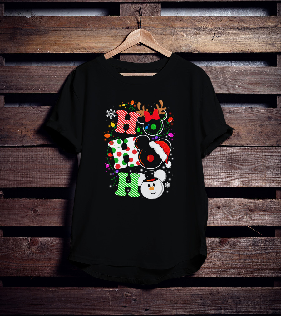 HHH Christmas Ho Ho Ho Disney Snowman Reindeer Ears Santa Hat Lights Bow T-Shirt