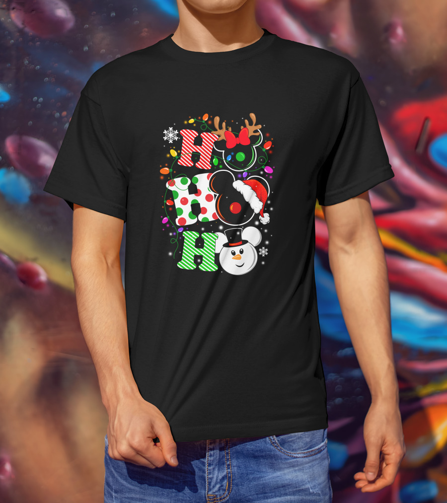 HHH Christmas Ho Ho Ho Disney Snowman Reindeer Ears Santa Hat Lights Bow T-Shirt