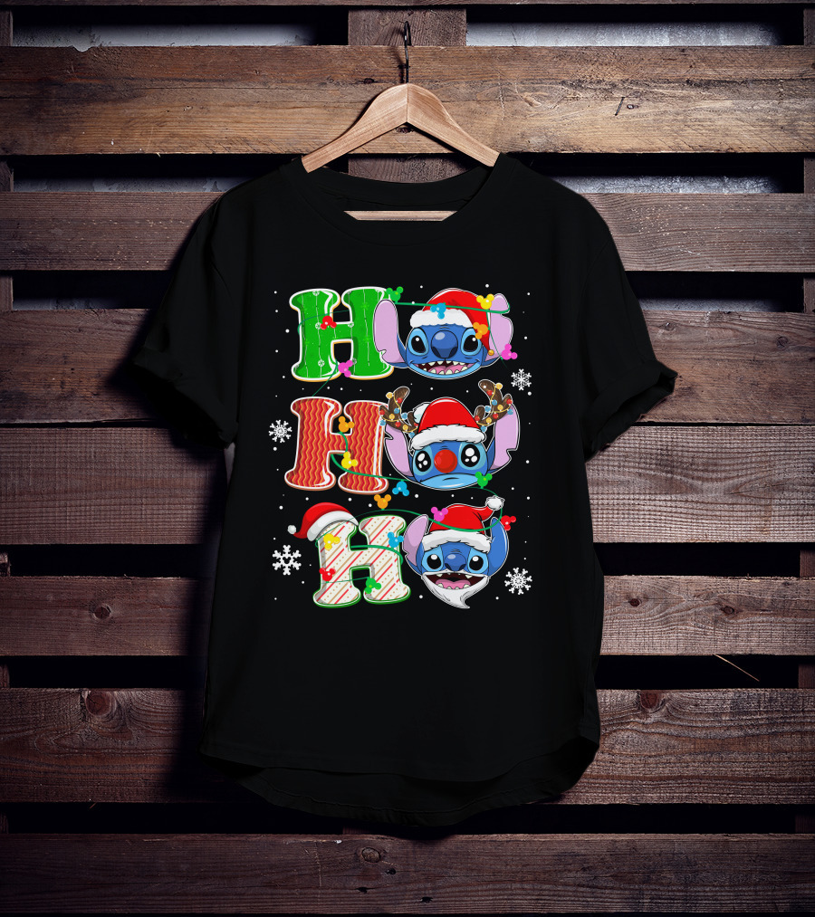 ST HHH Christmas Ho Ho Ho Stitch Holiday Sweater Santa Hat Snowflakes T-Shirt