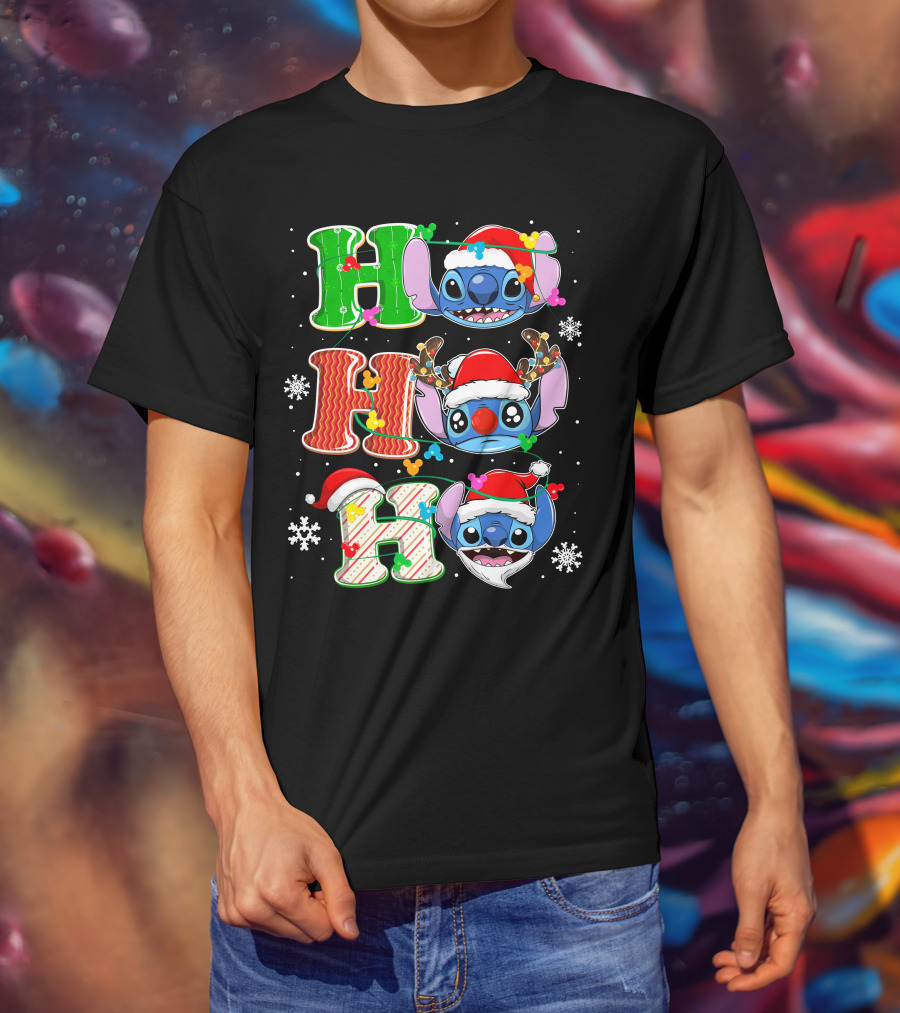 ST HHH Christmas Ho Ho Ho Stitch Holiday Sweater Santa Hat Snowflakes T-Shirt
