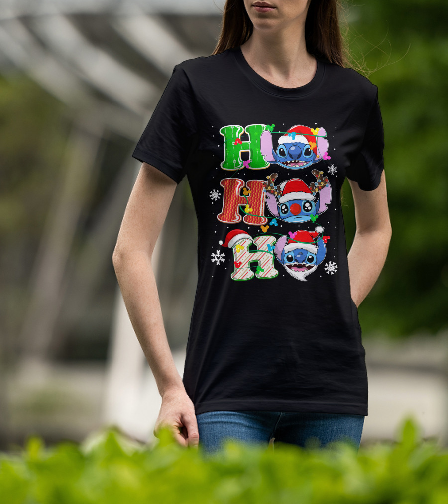 ST HHH Christmas Ho Ho Ho Stitch Holiday Sweater Santa Hat Snowflakes T-Shirt
