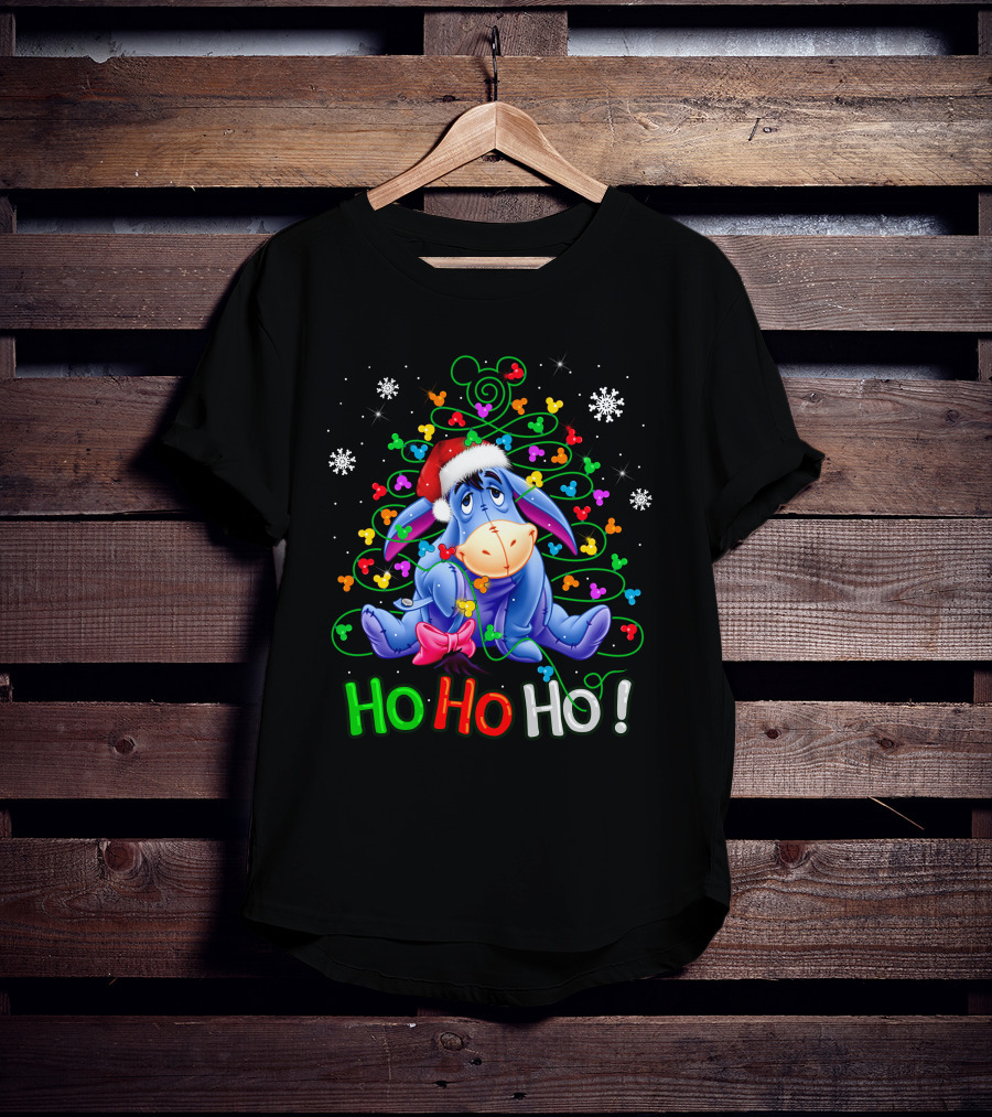 Eeyore Ho Ho Ho Christmas Tree Santa Hat Snowflakes Holiday Disney T-Shirt