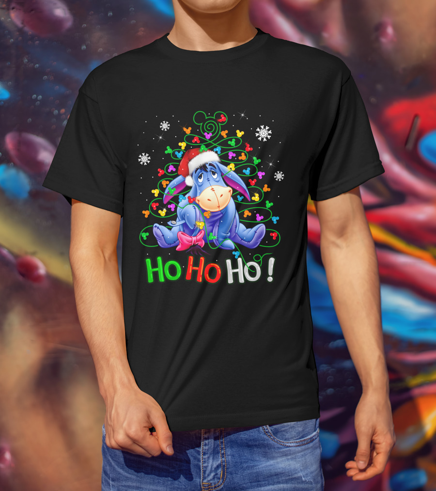 Eeyore Ho Ho Ho Christmas Tree Santa Hat Snowflakes Holiday Disney T-Shirt