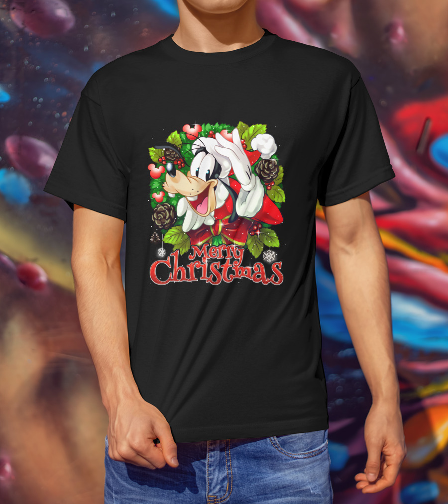 Goofy Merry Christmas Wreath Santa Hat Pinecones Snowflakes And Holly T-Shirt