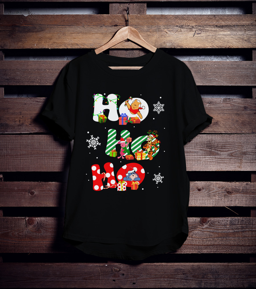 Ho Ho Ho Christmas Winnie The Pooh With Piglet Tigger Eeyore Holiday Snowflakes And Gifts T-Shirt