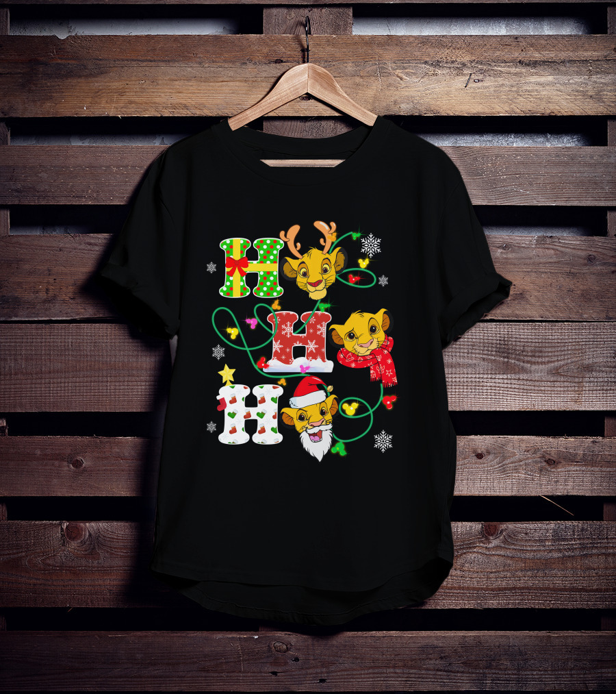 Simba Hohoho Christmas Holiday Festive Lion King Image With Santa Hat Reindeer Antlers Scarf Snowflakes T-Shirt
