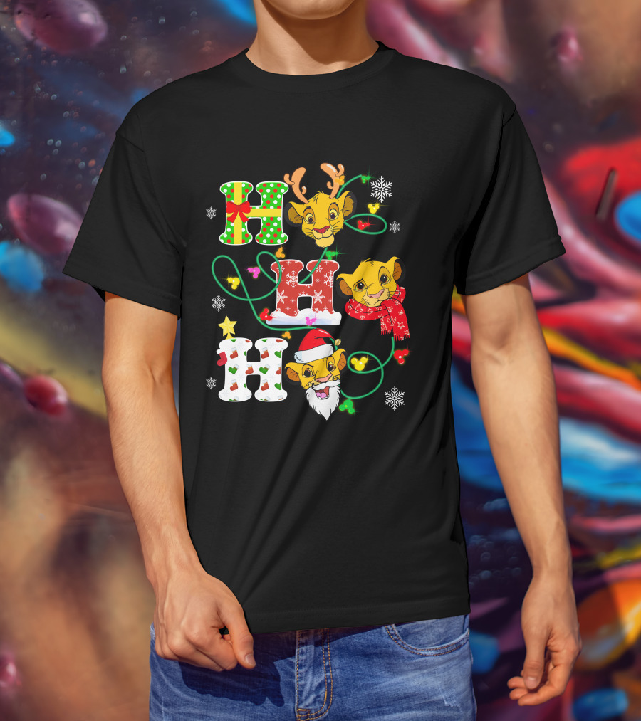 Simba Hohoho Christmas Holiday Festive Lion King Image With Santa Hat Reindeer Antlers Scarf Snowflakes T-Shirt