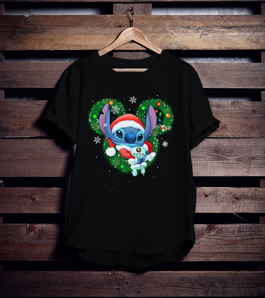Stitch Christmas Santa Hat Holiday Wreath Snowflakes T-Shirt