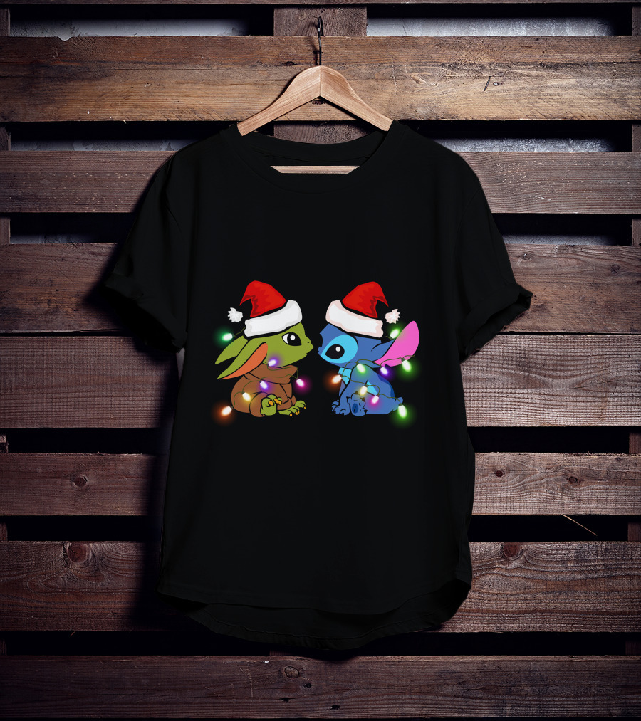 Baby Yoda And Stitch Christmas Lights Santa Hats T-Shirt