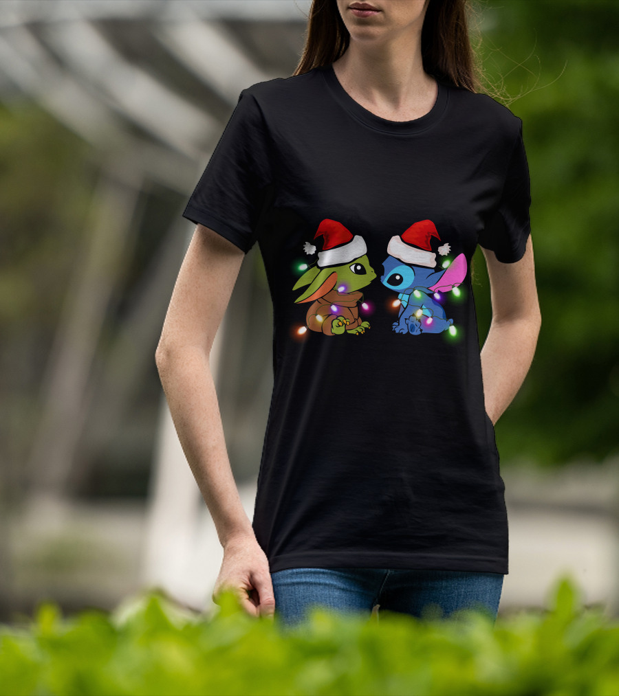Baby Yoda And Stitch Christmas Lights Santa Hats T-Shirt