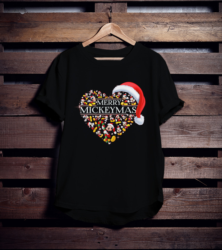 Merry Mickeymas Christmas Heart With Santa Hat And Mickey Characters T-Shirt