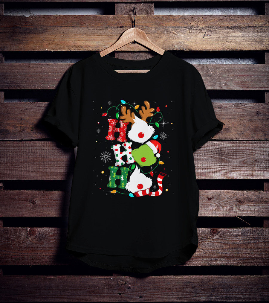 Grinch Ho Ho Ho Christmas Lights Reindeer Santa Hat Snowflakes T-Shirt
