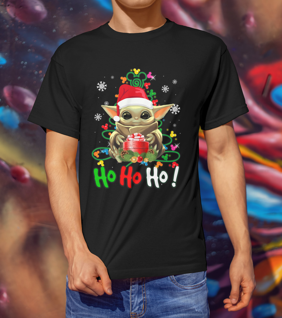 Ho Ho Ho Baby Yoda Christmas Santa Hat Gift Snowflakes T-Shirt