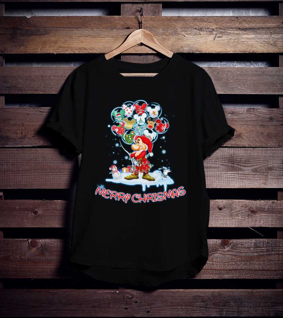 Grumpy Character With Festive Balloons Merry Christmas T-Shirt