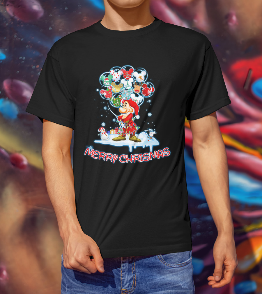 Grumpy Character With Festive Balloons Merry Christmas T-Shirt