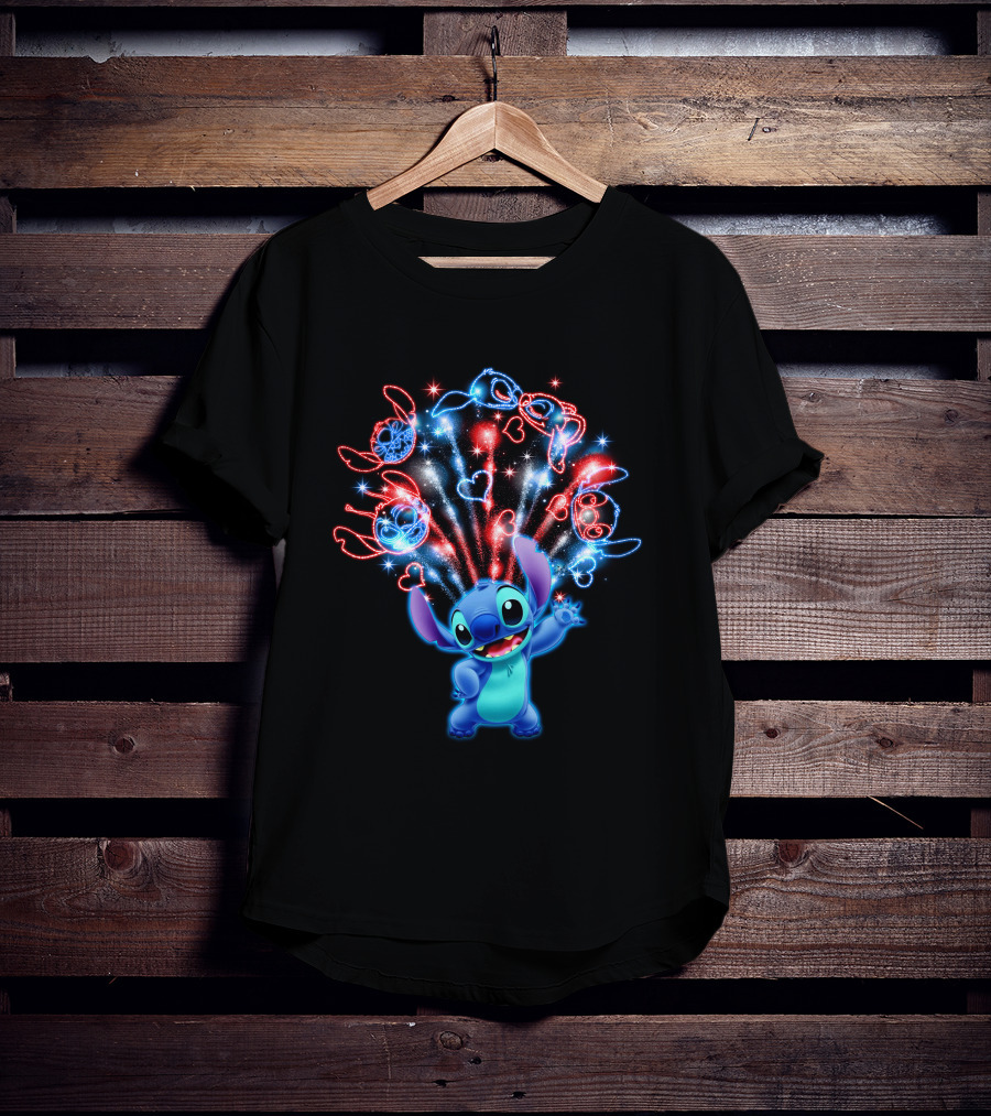 Stitch Magic Fireworks Burst Hearts And Glasses T-Shirt