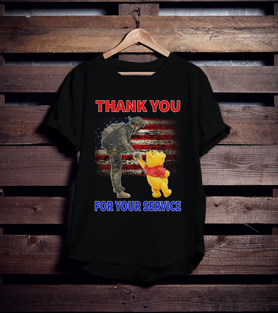 Thank You For Your Service Soldier And Pooh With American Flag Background T-Shirt