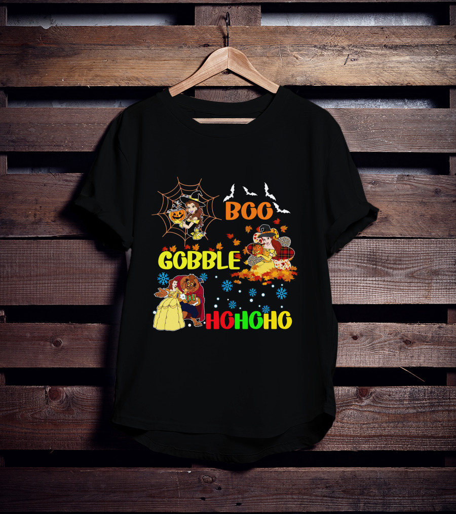 Boo Gobble Hohoho Belle HalloThanksMas T-Shirt