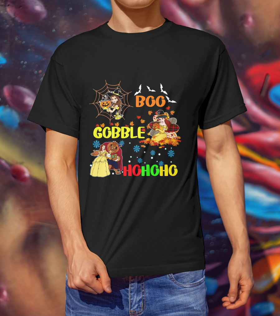 Boo Gobble Hohoho Belle HalloThanksMas T-Shirt