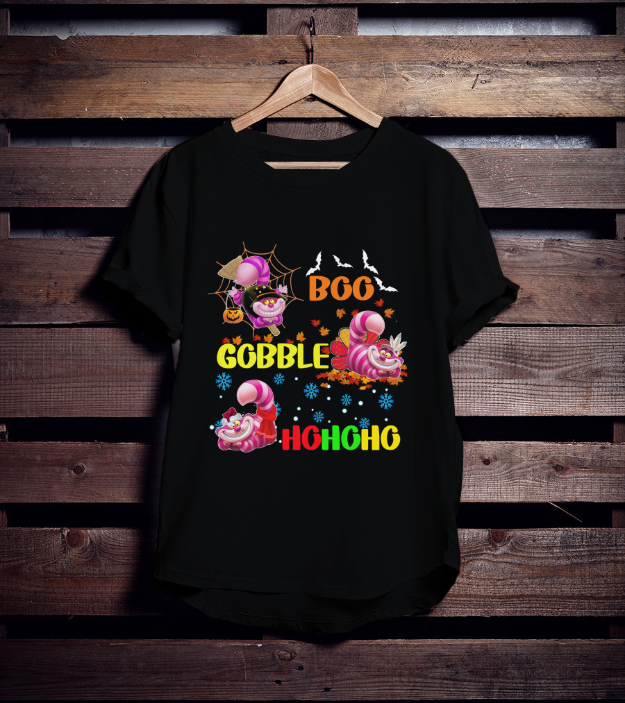 Cheshire Cat Boo Gobble HoHoHo HalloThanksMas T-Shirt