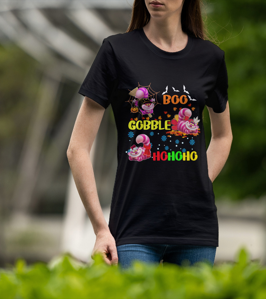 Cheshire Cat Boo Gobble HoHoHo HalloThanksMas T-Shirt