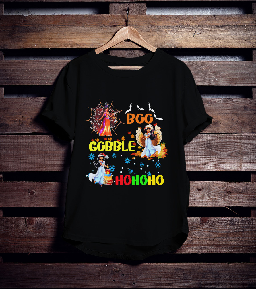 Jasmine Boo Gobble HoHoHo HalloThanksMas Bats Leaves Snowflakes T-Shirt