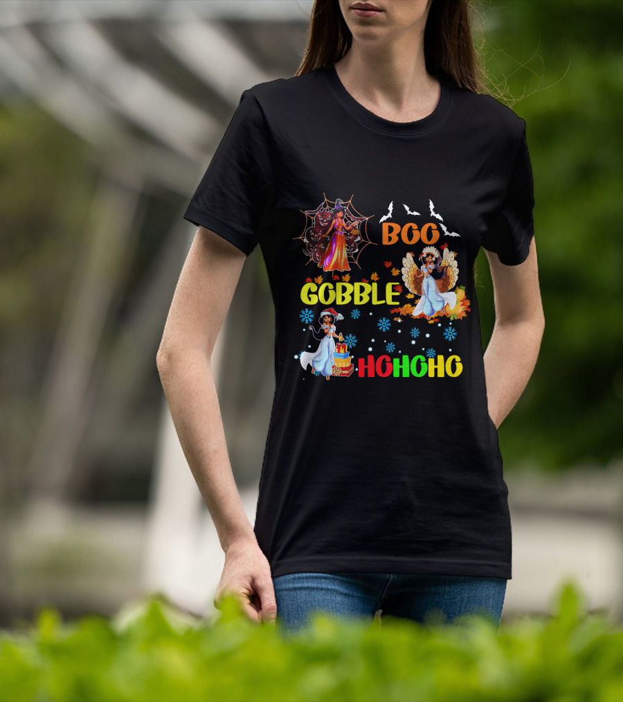 Jasmine Boo Gobble HoHoHo HalloThanksMas Bats Leaves Snowflakes T-Shirt