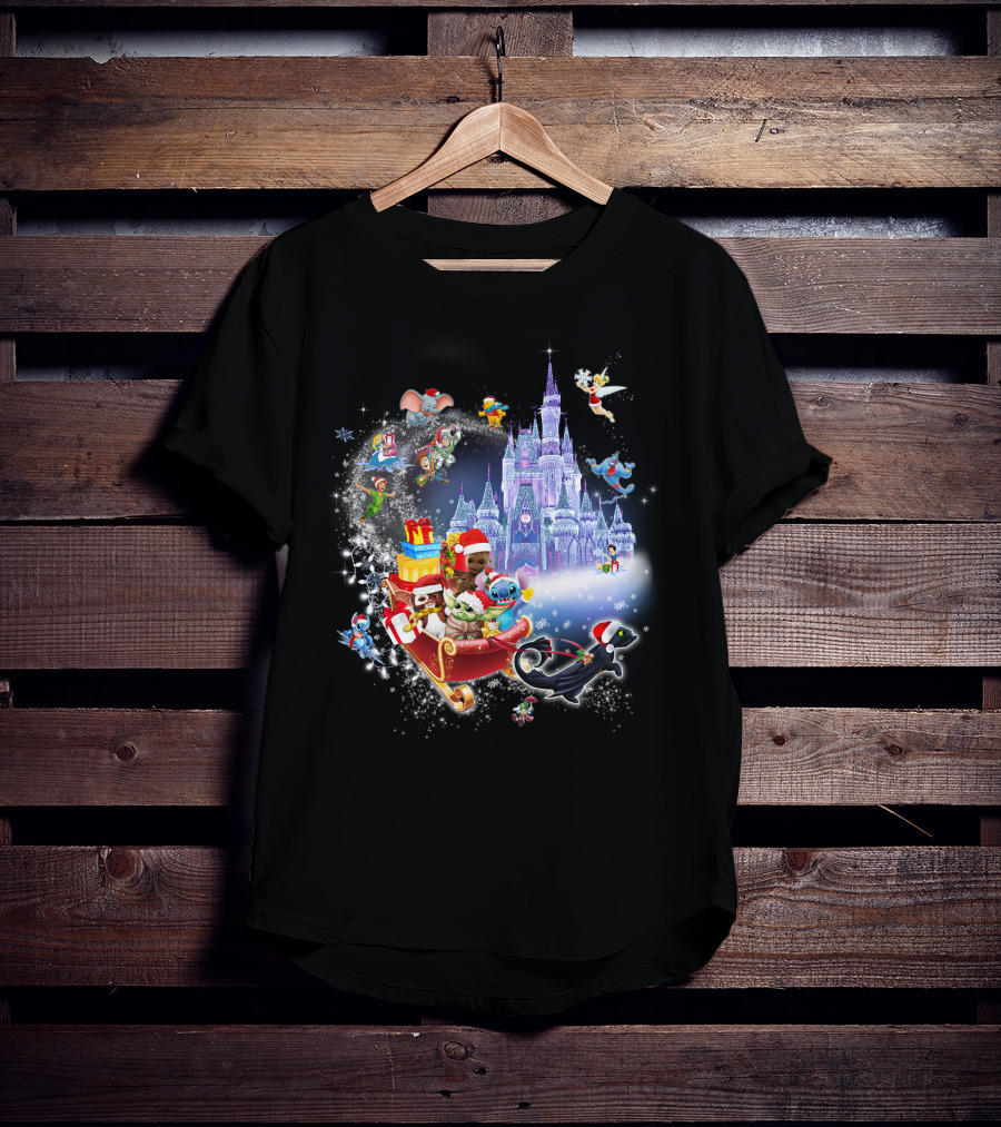 Baby Yoda Christmas Disney Castle Santa Sleigh Tinker Bell Stitch Dumbo Gifts T-Shirt