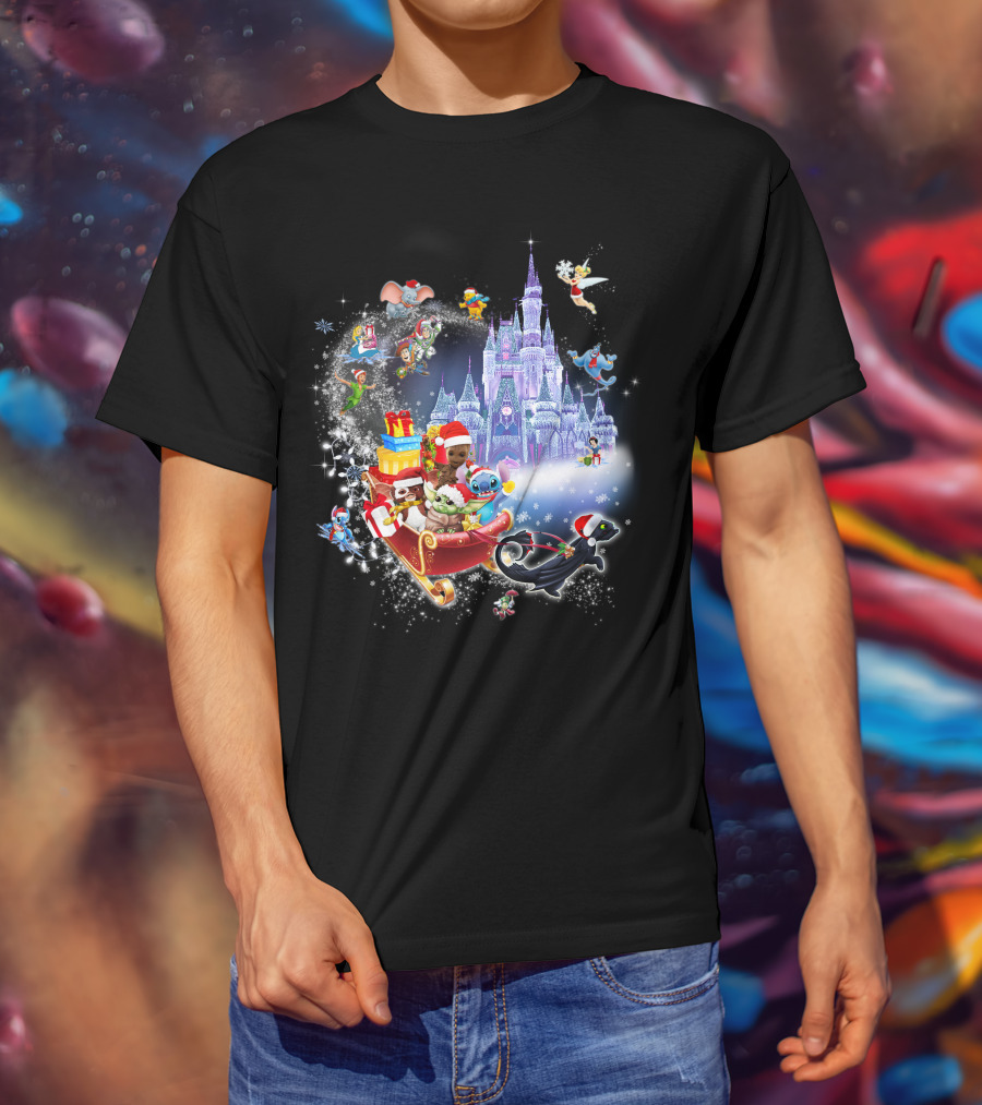 Baby Yoda Christmas Disney Castle Santa Sleigh Tinker Bell Stitch Dumbo Gifts T-Shirt