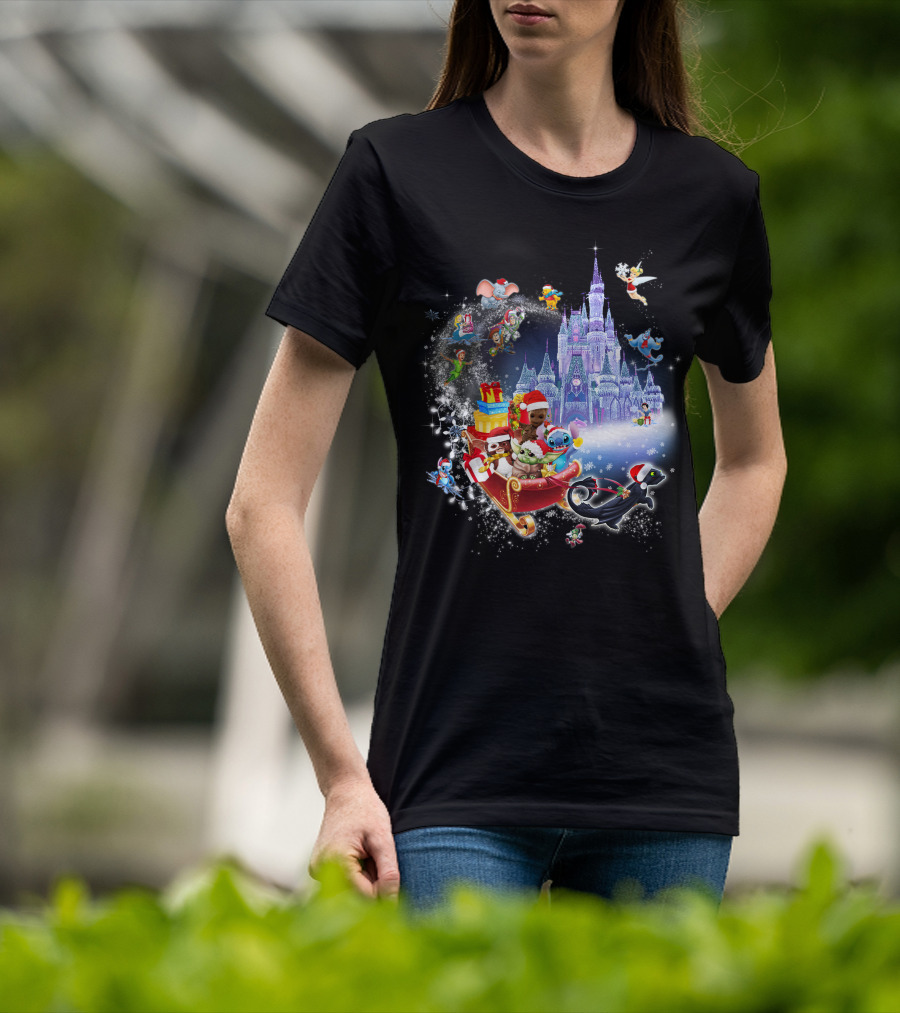 Baby Yoda Christmas Disney Castle Santa Sleigh Tinker Bell Stitch Dumbo Gifts T-Shirt