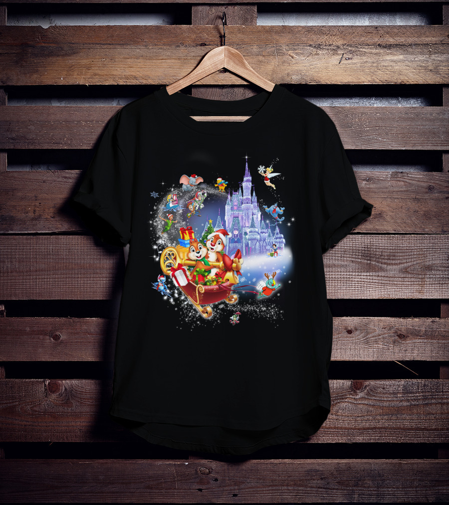 Chip And Dale Christmas Castle With Sleigh And Gifts T-Shirt