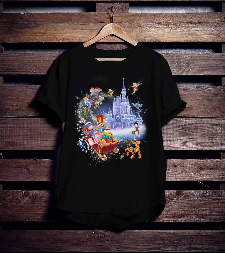 Pooh Christmas Disney Winter Wonderland With Castle And Characters T-Shirt