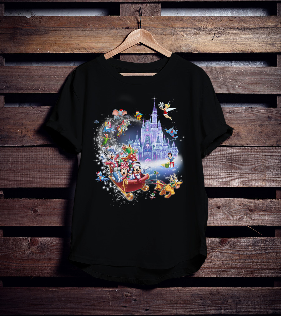 Mickey And Minnie Christmas With Castle, Disney Characters, And Winter Wonderland Holiday Scene T-Shirt